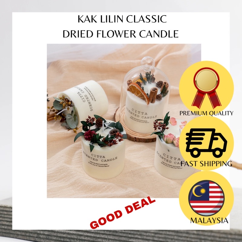 READY STOCK ?? ** ???????? Aroma Scented Candle Dried Flowers Gift Fragrance Natural Candle Lilin Wangi Bunga Kering