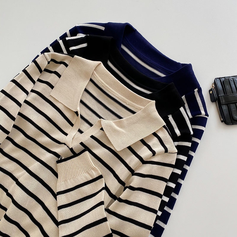 Korean Style Women Ladies Loose Knitted Striped Long Sleeve Shirt Blouse Baju Baju Wanita Lengan Panjang Tops