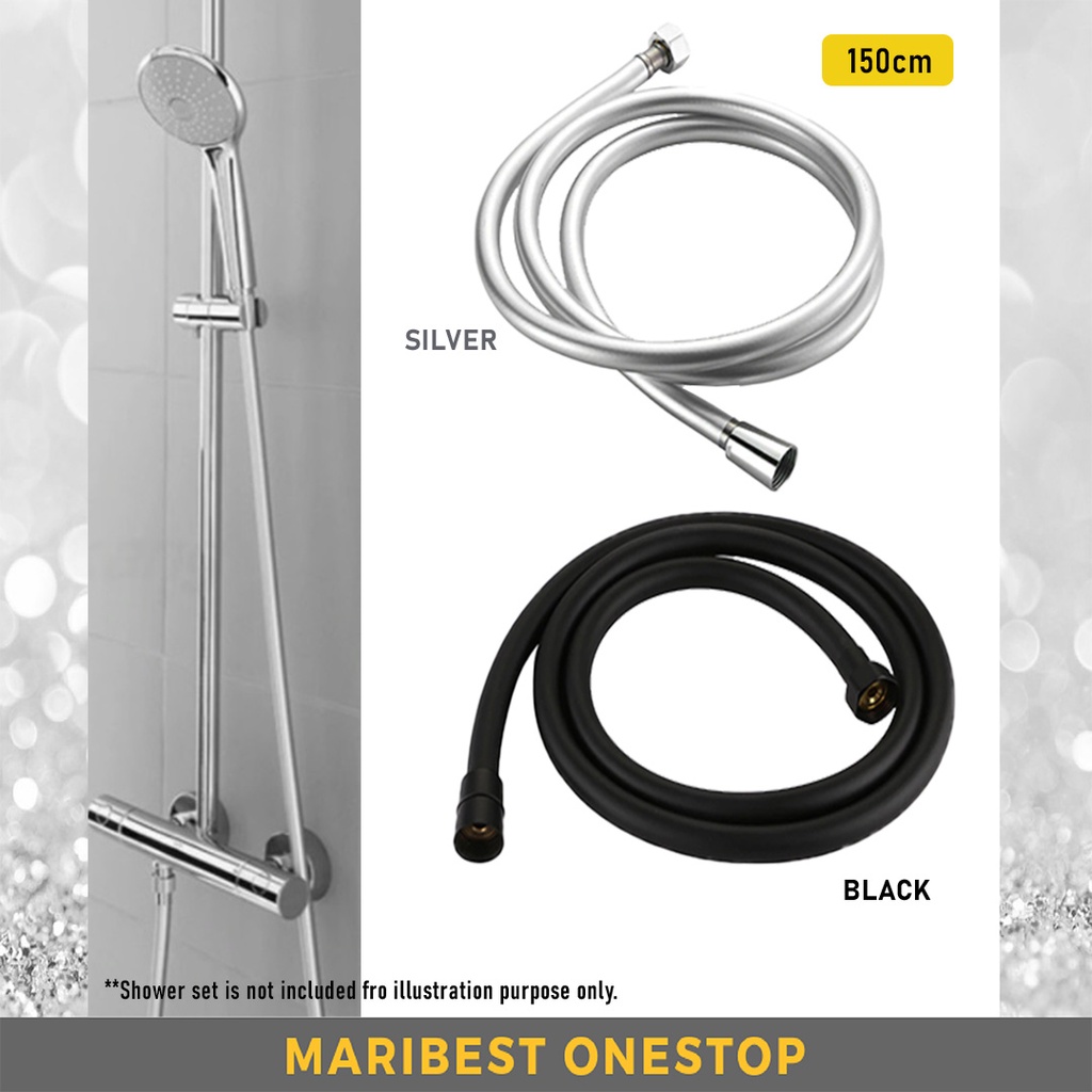 1.5M RUBBER FLEXIBLE PVC SHOWER HOSE BLACK SILVER FOR BATHROOM DURABLE THICKENING HIGH PRESSURE SMOOTH WATER HEATER
