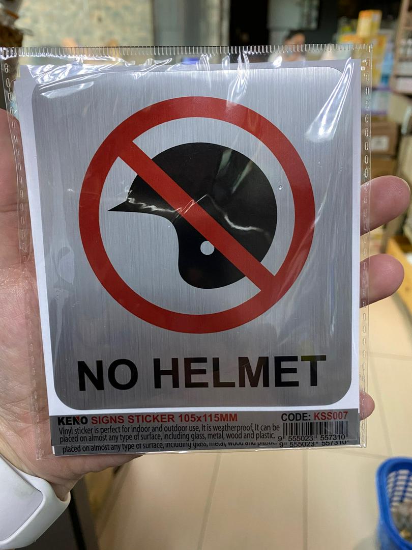 KSS007 NO HELMET SILVER BRUSHED SIGN STICKER 105X115MM. WE ACCEPT 
