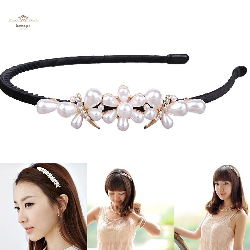 Women Girl Faux Pearl Decor Headband Bowknot Flower Hair