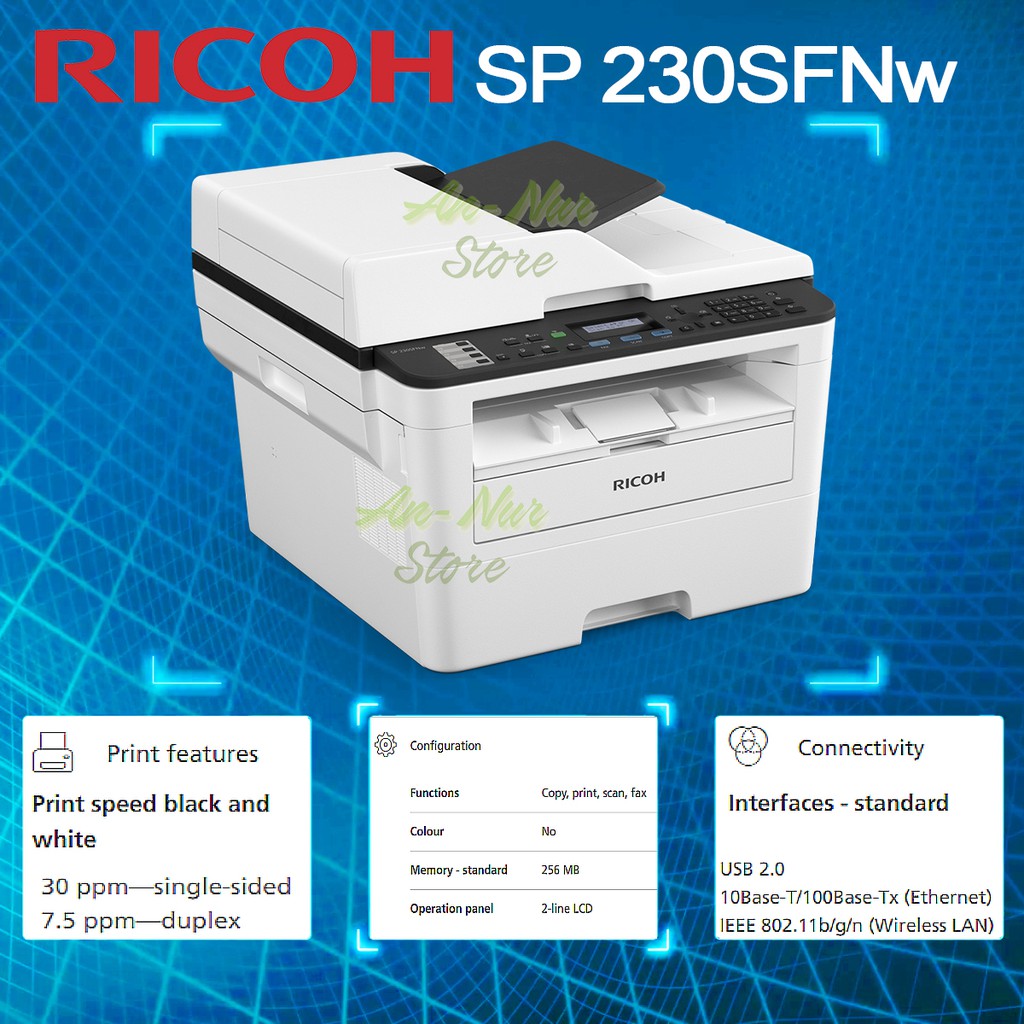Ricoh SP230SFNW SP230 All In One Mono Black & White Laser Printer - Copy Print Scan Fax Network Wifi