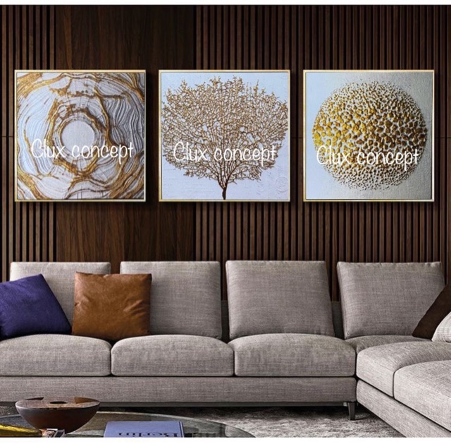 (Set of 3 with frame) Nordic golden white abstract style art canvas ...