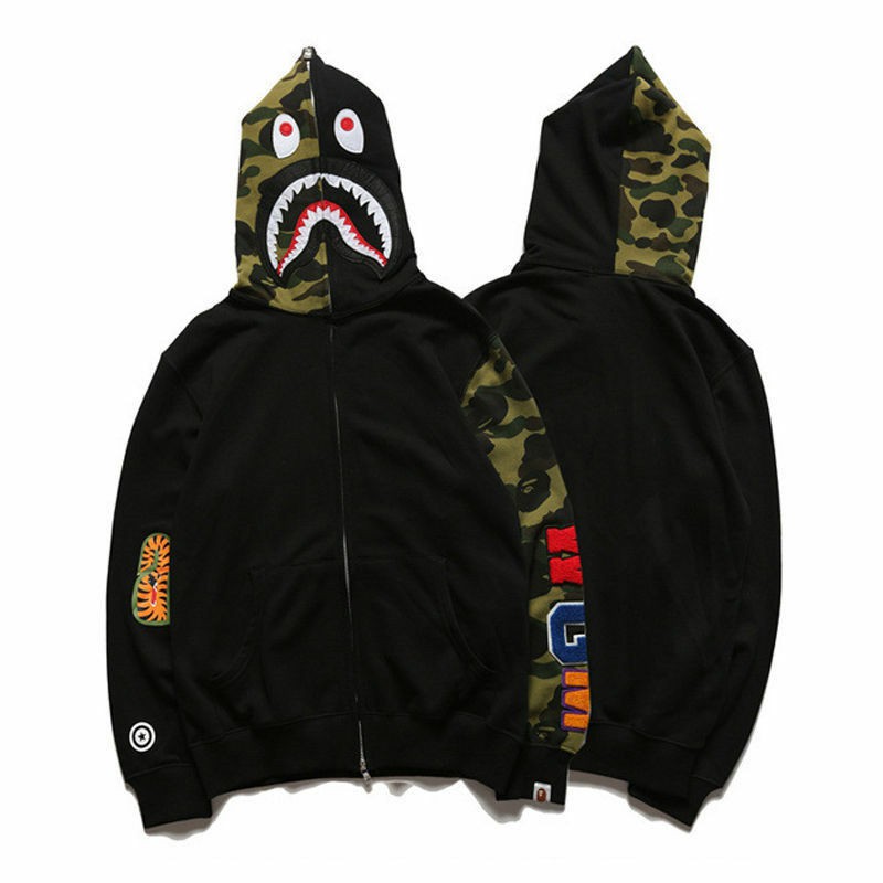 bape camo and black hoodie