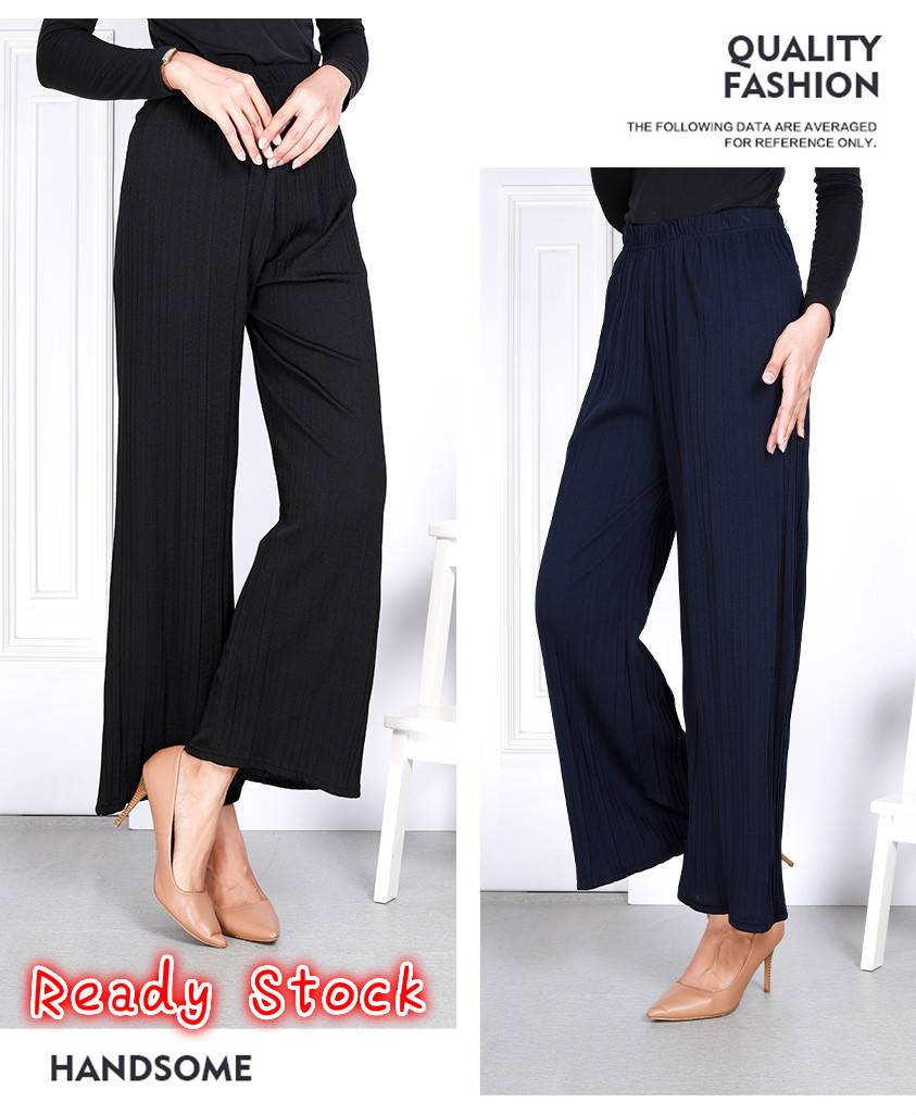 Women Long Pants Mid Waist Elastic Cotton Blend Plain Color Plus Size Wide Leg Regular Fit Seluar Panjang Wanita