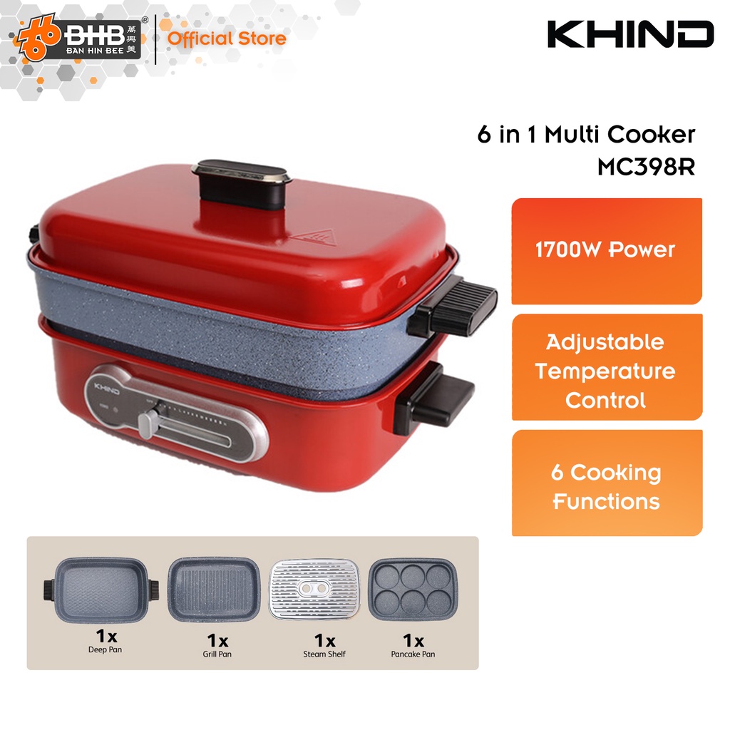 Khind MC398R Multi Cooker 6 in 1 Cooking Functions, Grill, Bake, Deep