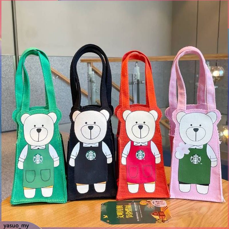 【Ready Stock】Canvas Bear Starbucks Storage Bag Coffee Tumbler Carrier Holder Tote Bag Office Worker Packing Bags