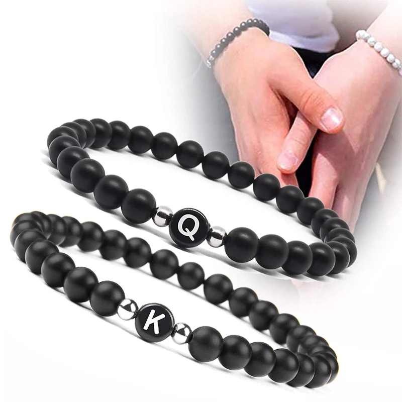 Black Frosted Stone 26 Letters Bead Name Bracelet,Unisex Couple Love Friendship Lucky Diy Bracelets