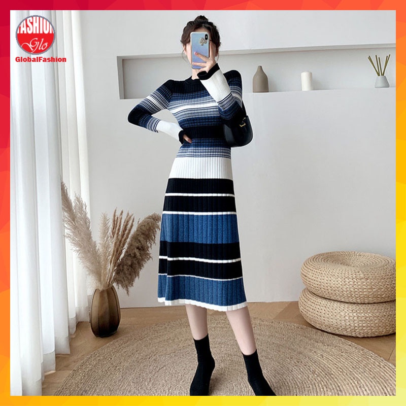 Women Long Sleeve Sweater Dress Baju Wanita Lengan Panjang Autumn Winter Stripe Knitwear Size S M L XL Global Fashion