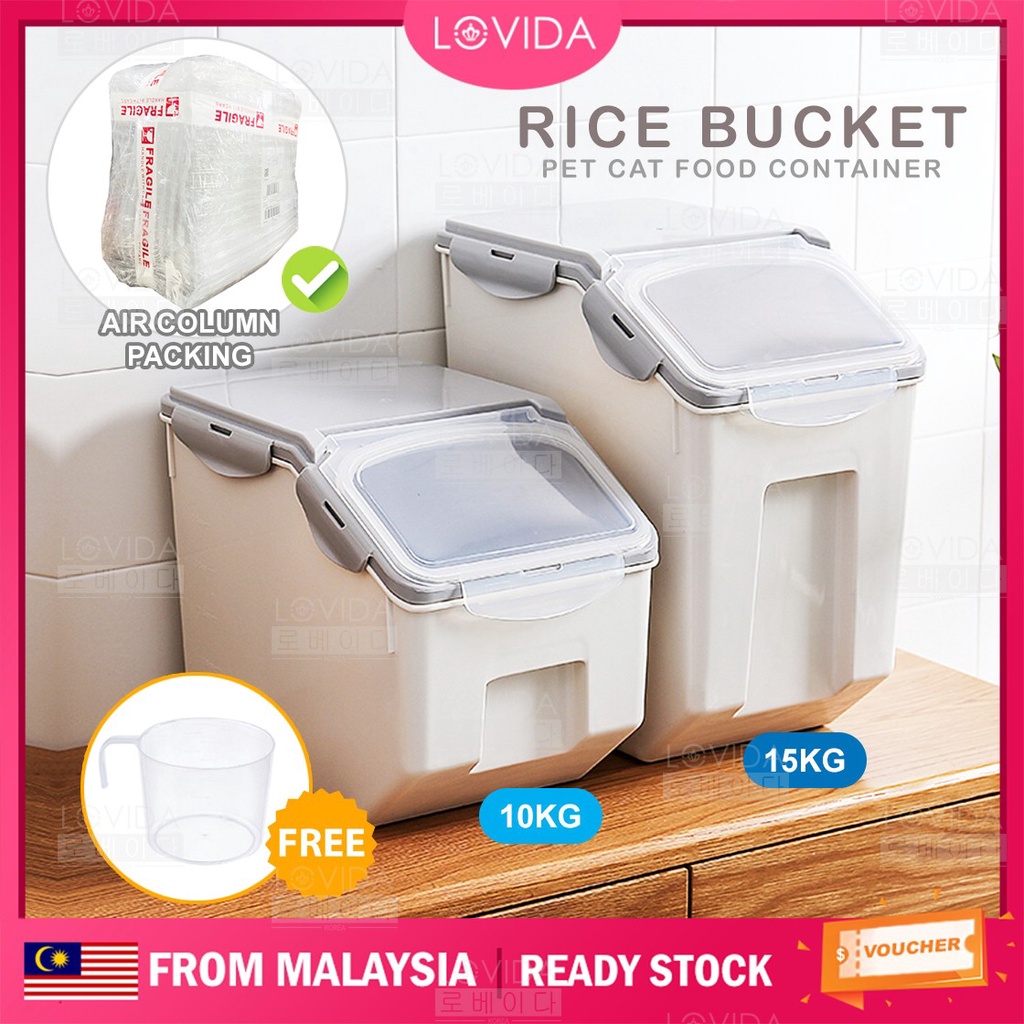 LOVIDA Rice Bucket 10/15kg Fully Sealed Cereal Storage Box Kitchen Pet Cat Food Container Bekas Beras Nasi Dapur 米桶