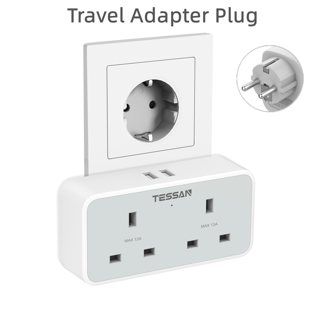 MY to European Plug Adapter with 2 USB,TESSAN 2 Way Grounded Travel