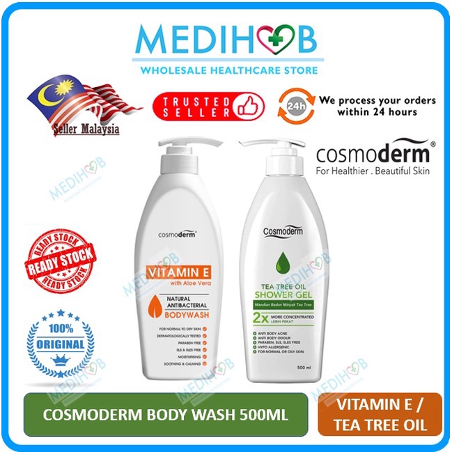 Cosmoderm Shower Gel Body Wash 500ml Tea Tree Oil / Vitamin E Shopee