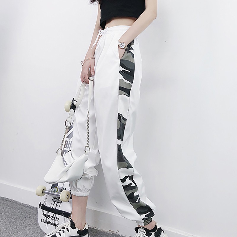 S-2XL Women High Elastic Sports Side Print Harajuku Nine Points Long Pants