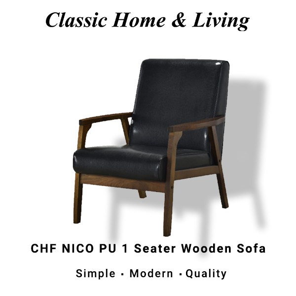 CHF NICO PU 1 Seater Wooden Sofa  / Solid Wood Frame / Thick and Comfortable Fabric - Black PU Leather