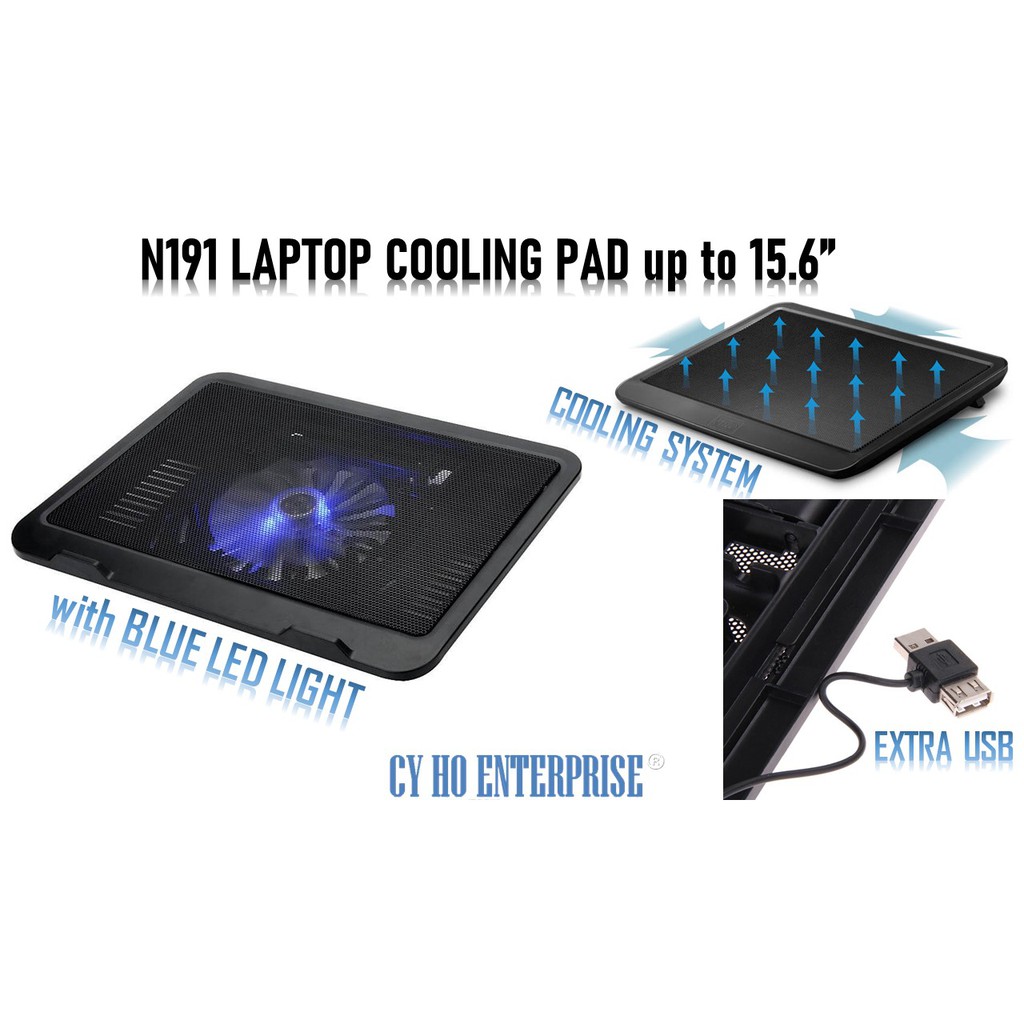 N191 Aluminium Laptop Notebook Cooler Pad with LED LIGHT + EXTRA USB