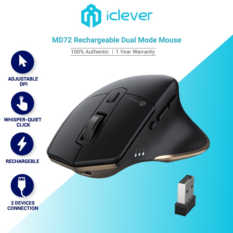 iClever MD172 Type C Rechargeable Wireless Mouse, Dual Mode, Bluetooth+ ...