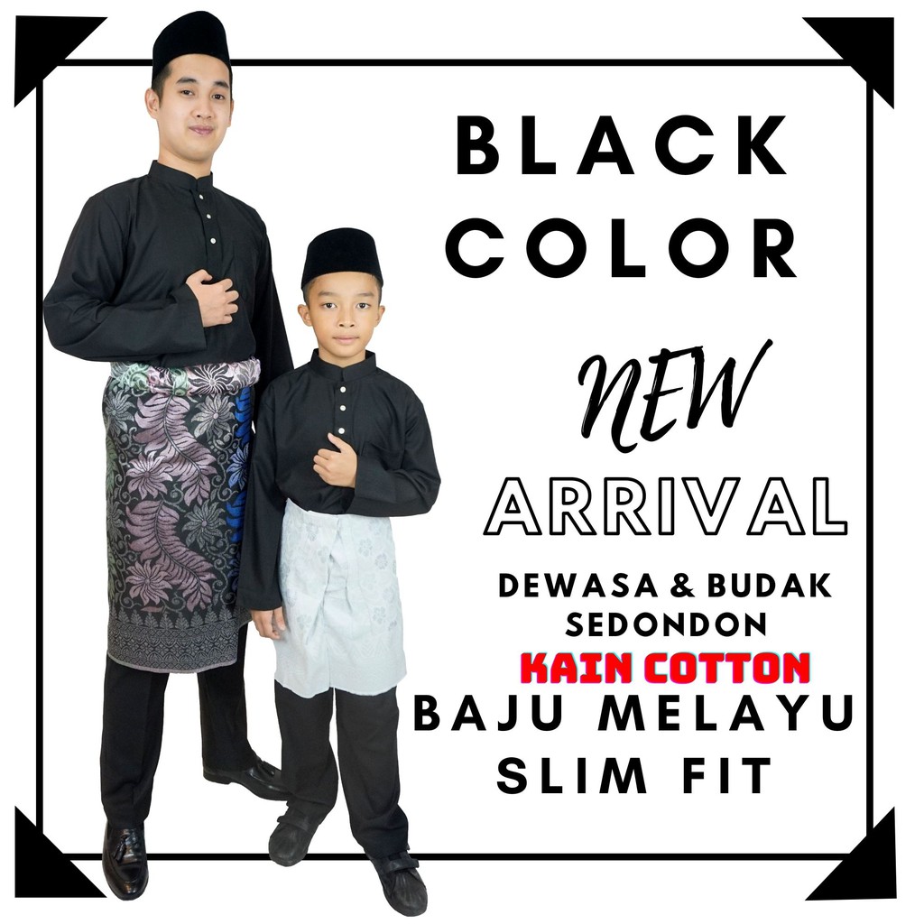 Ready Stock New Slim Fit Baju Melayu Black Hitam Cotton Sepasang Dewasa Budak Baju Raya Koleksi C007bm