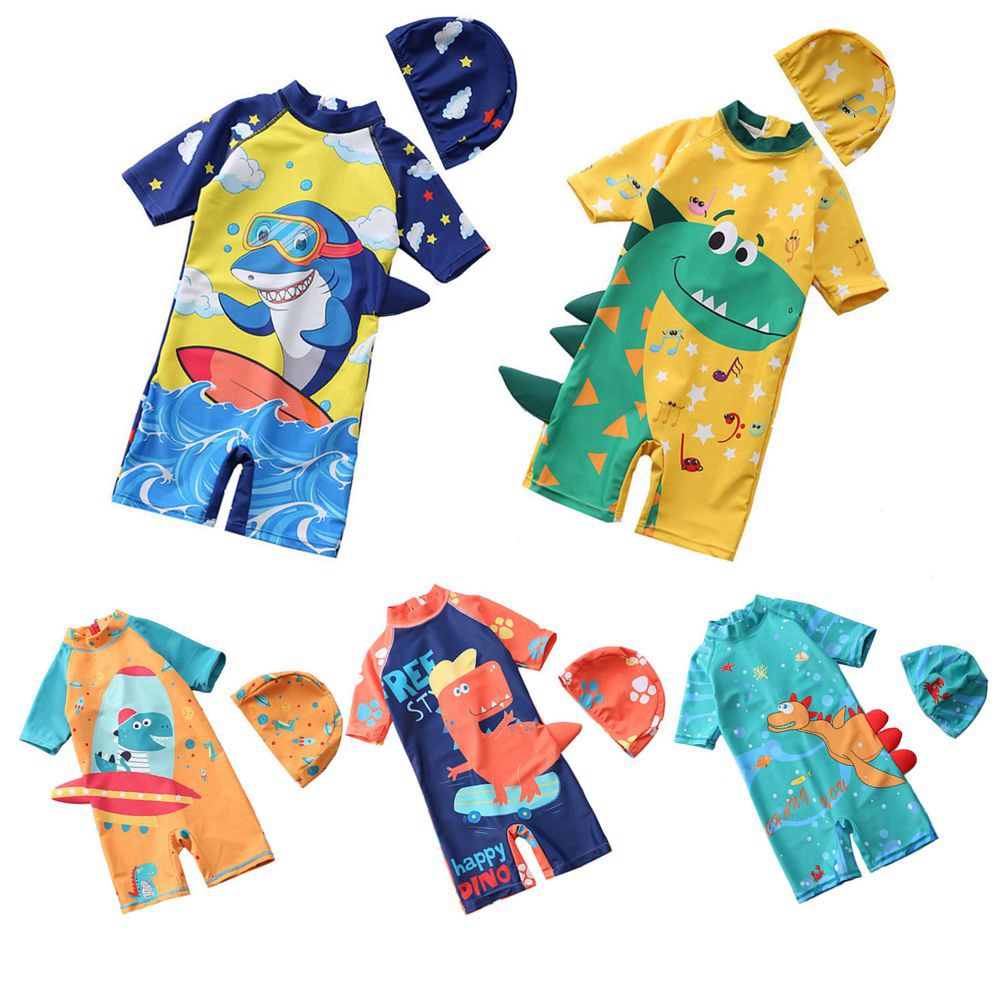 Baby Swimming Attire Beach Sunscreen 10 Color Boy Swimsuits with Cap Shark Infant Swimwear 1-8Y Dinosaur Toddler Swim Wear