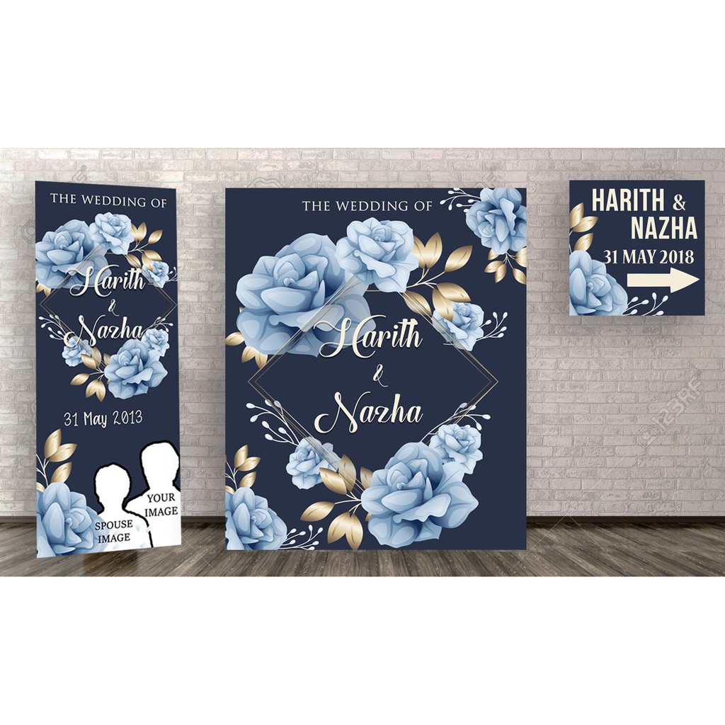 Bunting Backdrop Wedding Kahwin Package Blue Golden Shopee