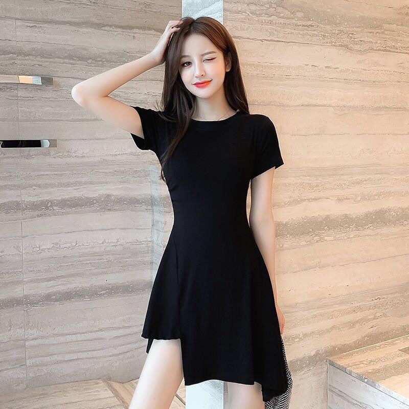 Ready Stock Women Elegant Solid Color Short Sleeve Dress Round Neck Asymmetrical Hems Black Midi Dress