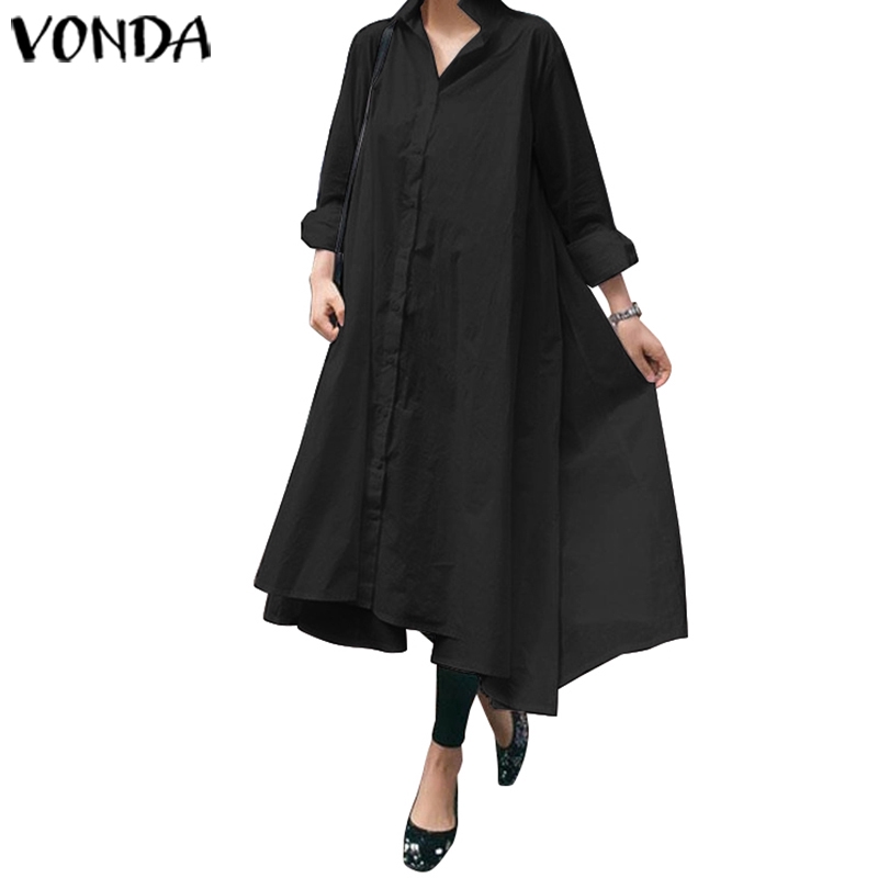 Vonda Women Cotton Plain Lapel Oversized Long Sleeve Long Dress