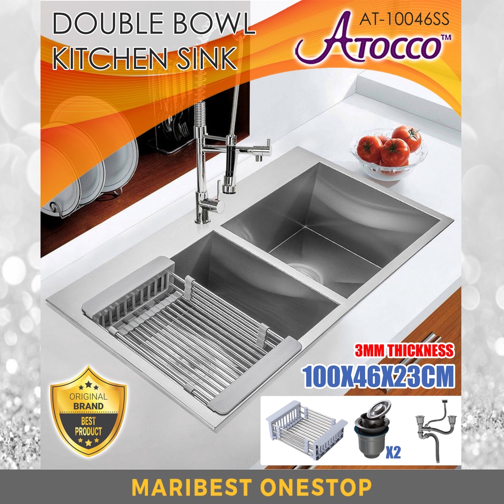 AT-10046SS Stainless Steel Double Bowl Kitchen Sink Sinki Dapur Nano Satin Undermount Top Mount Basin Dapur 厨房水盆洗菜盆