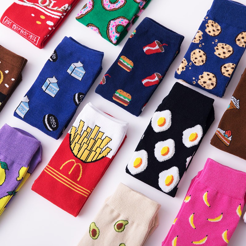 Women Socks Funny Cute Cartoon Fruits Banana Avocado Lemon Egg Cookie Donuts Food Happy Harajuku skateboard Socks