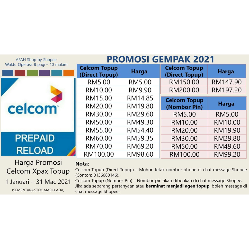 Celcom Prepaid Direct Pin Topup Rm10 Rm50 Harga Promosi Shopee Malaysia