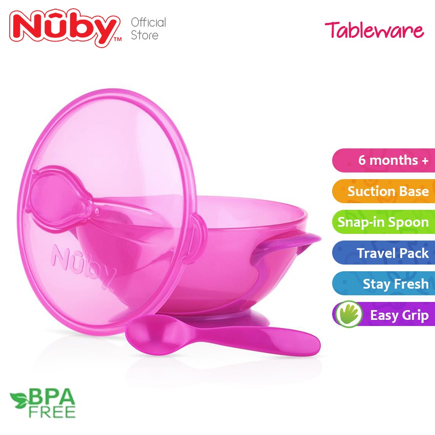 M Baby Feeding 6 Pink Nuby Easy Go Suction Bowl /& Snap In Spoon