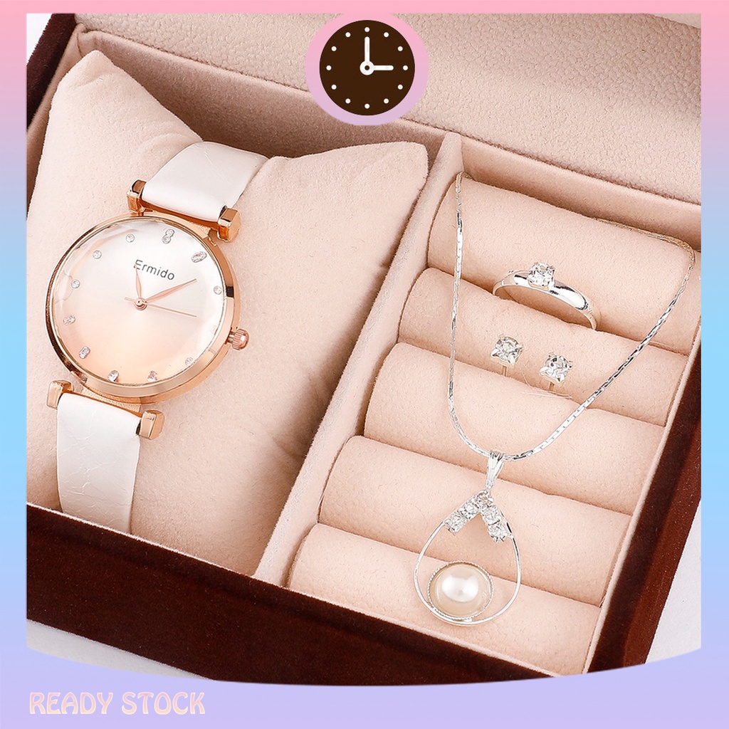 4PCS [?Women's Watch + Jewelery Set?] Casual Women's Quartz Hand Watch Newest Original Design Pearl Necklace