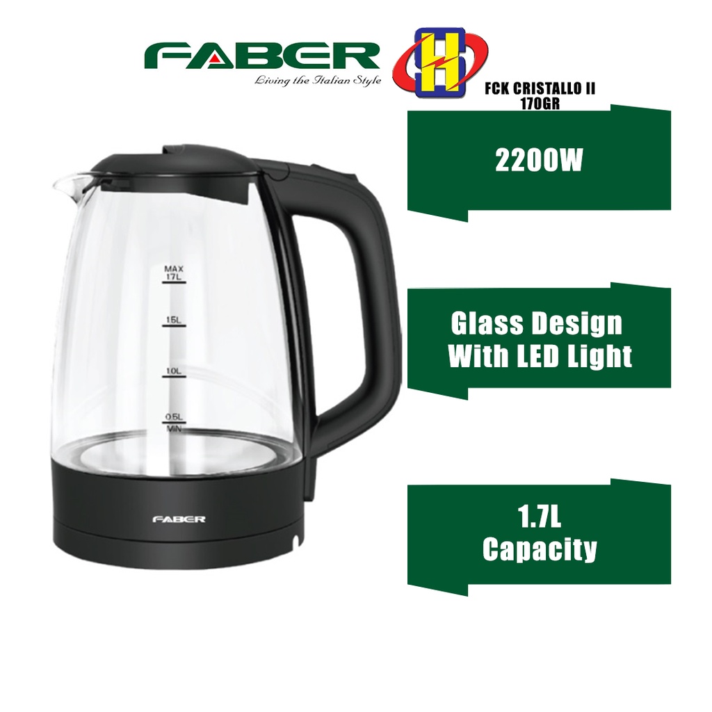 Faber Electric Kettle (1.7L/2200W) Automatic LidOpening Function Glass Kettle FCK CRISTALLO II