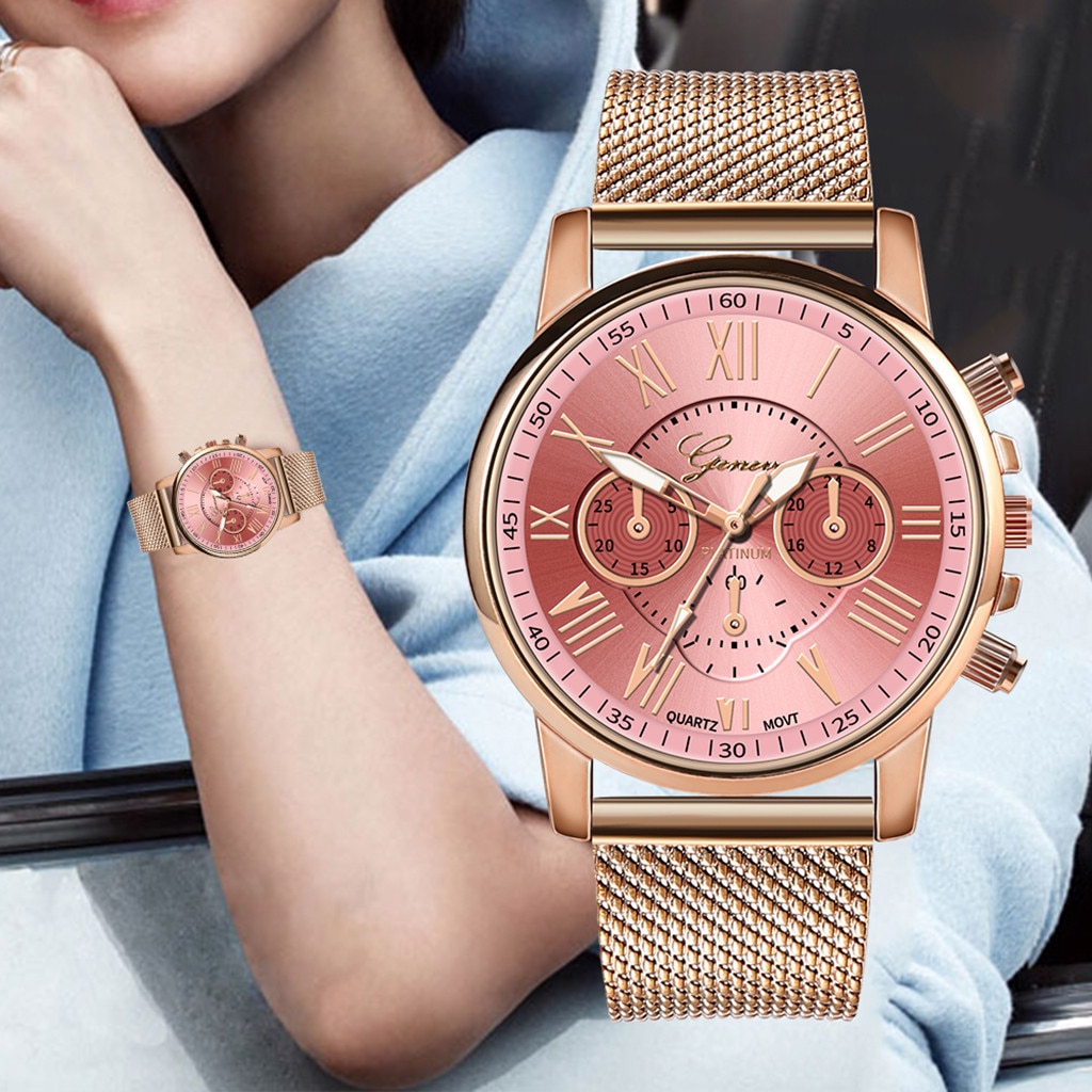 new fashion geneva women leather band stainless steel quartz analog wrist watch