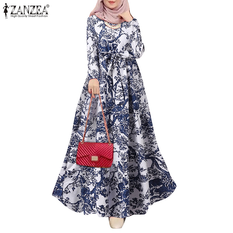 ZANZEA Women Long Sleeve O-Neck Lace Up Printed Tiered Muslim Long Dress