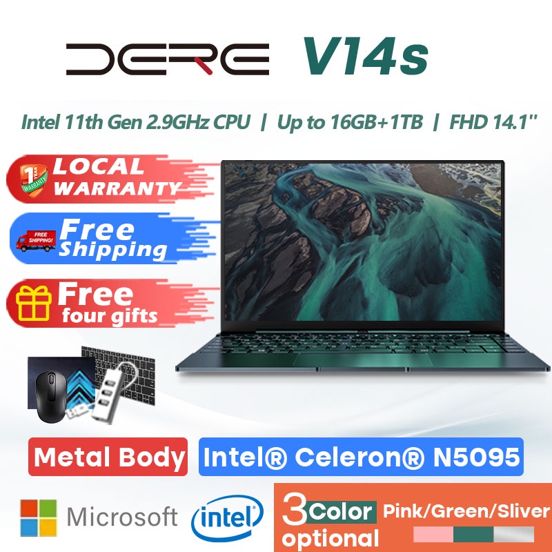 DERE Laptop V14s Intel 11th Gen 2.9GHz CPU FHD Screen Windows 10 Backlit Keyboard Notebook PC (Pink /Silver/Green)