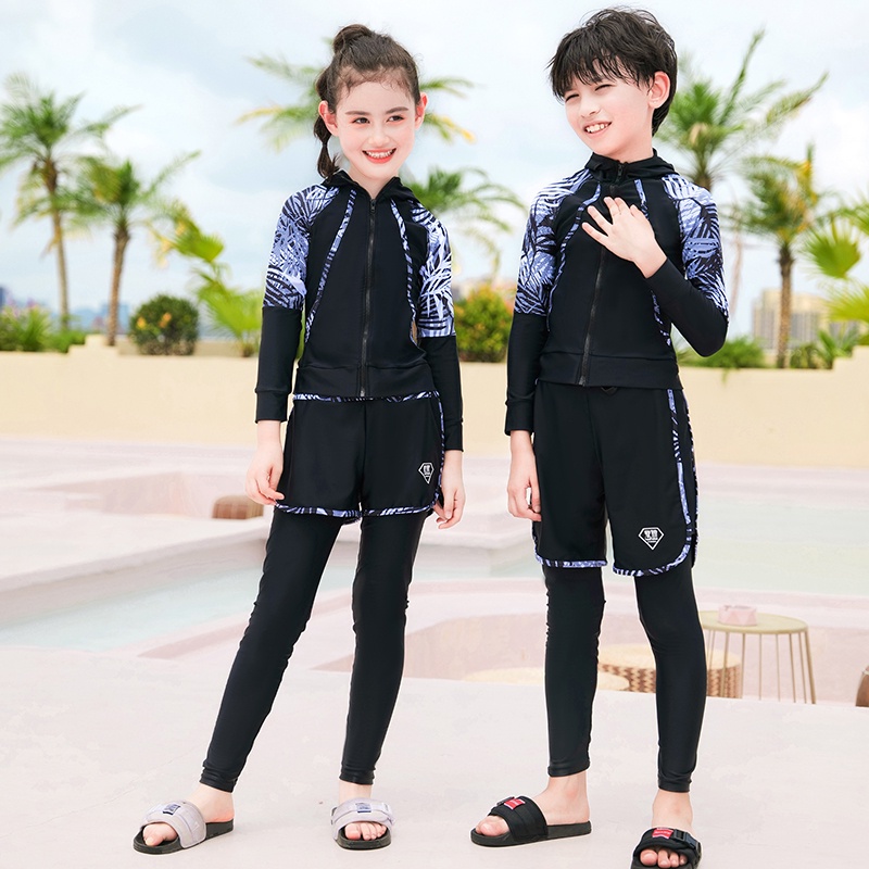 Kids Long Sleeve Hoodie Rash Guards Girls Boys Swimsuit Set Teenagers