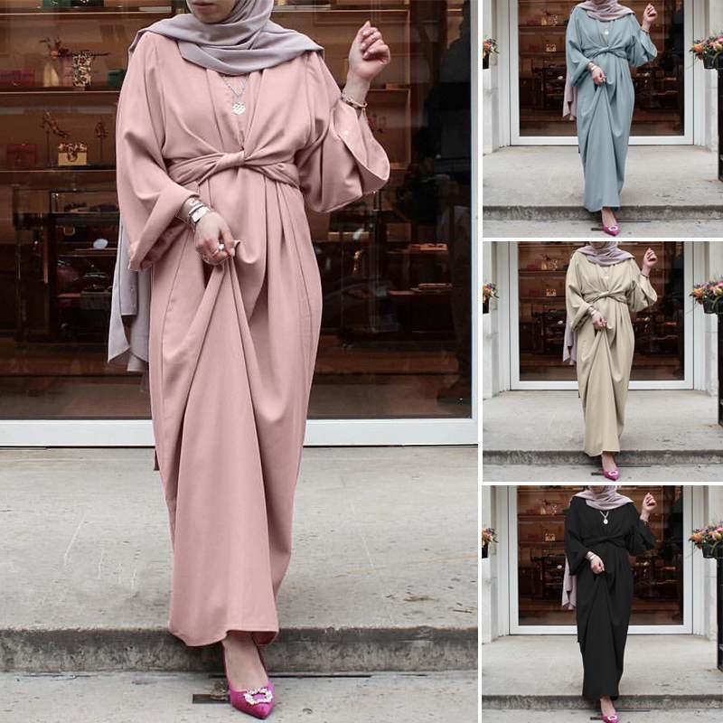 daidai Abaya Muslim Elegant Dress Plain Women Fashion Jubah Long Sleeve Belted Blouse Dresses