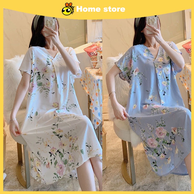 24 colorsBee's baju tidur wanita plus size sexy Night dress Satin-Cotton silk V-neck Nightdress ladies sleeping dress summer new short-sleeves cartoon printed Pajamas