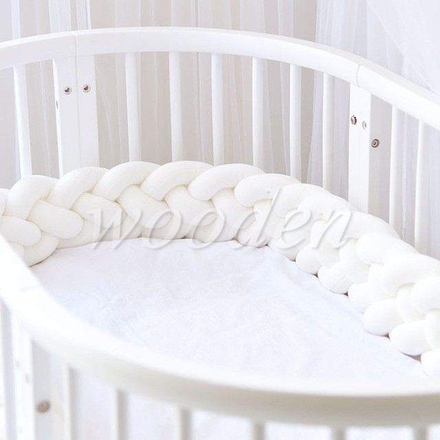 Newborn Baby Bed Bumper Pure Weaving Plush Knot Crib Bumper Kids Bed Baby Cot Protector Baby Room Decor-白色-1M 