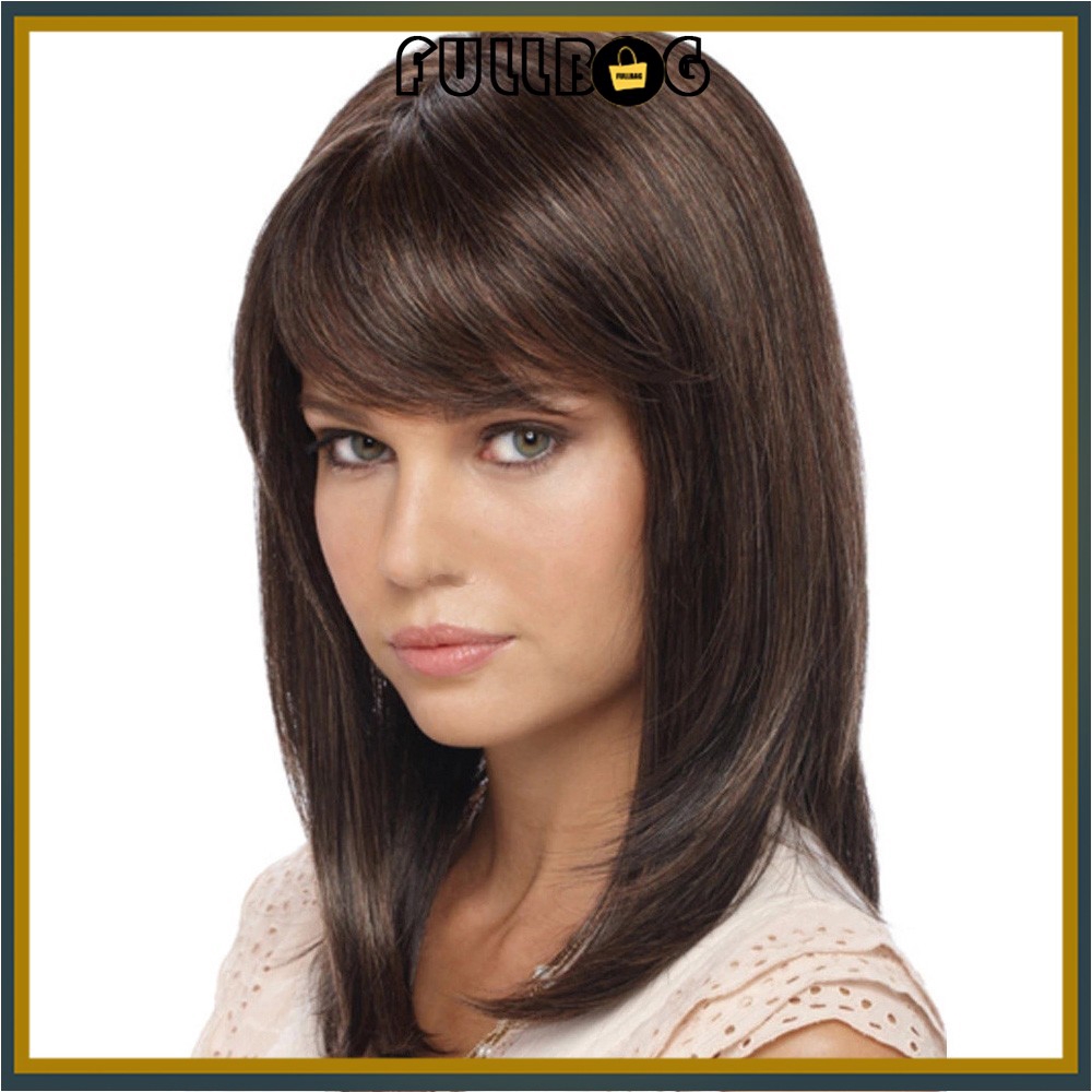 Womens Medium Natural Wavy Wig Synthetic Hair With Side Bangs