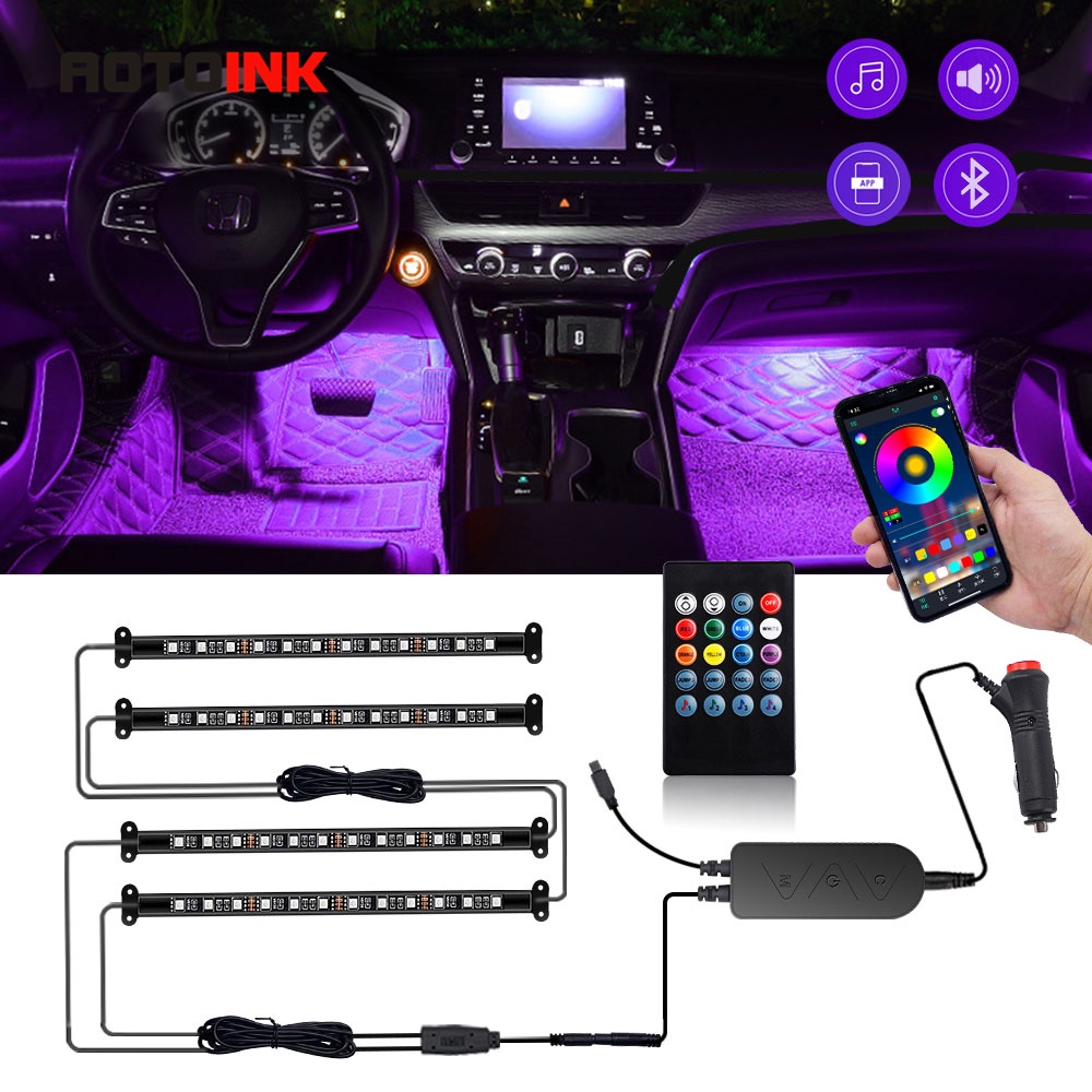 AOTOINK Car Interior RGB Ambient Light LED Strips App/Remote Music/Sound Control Auto Atmosphere Decorative Foot Light USB/Cigarette Lighter