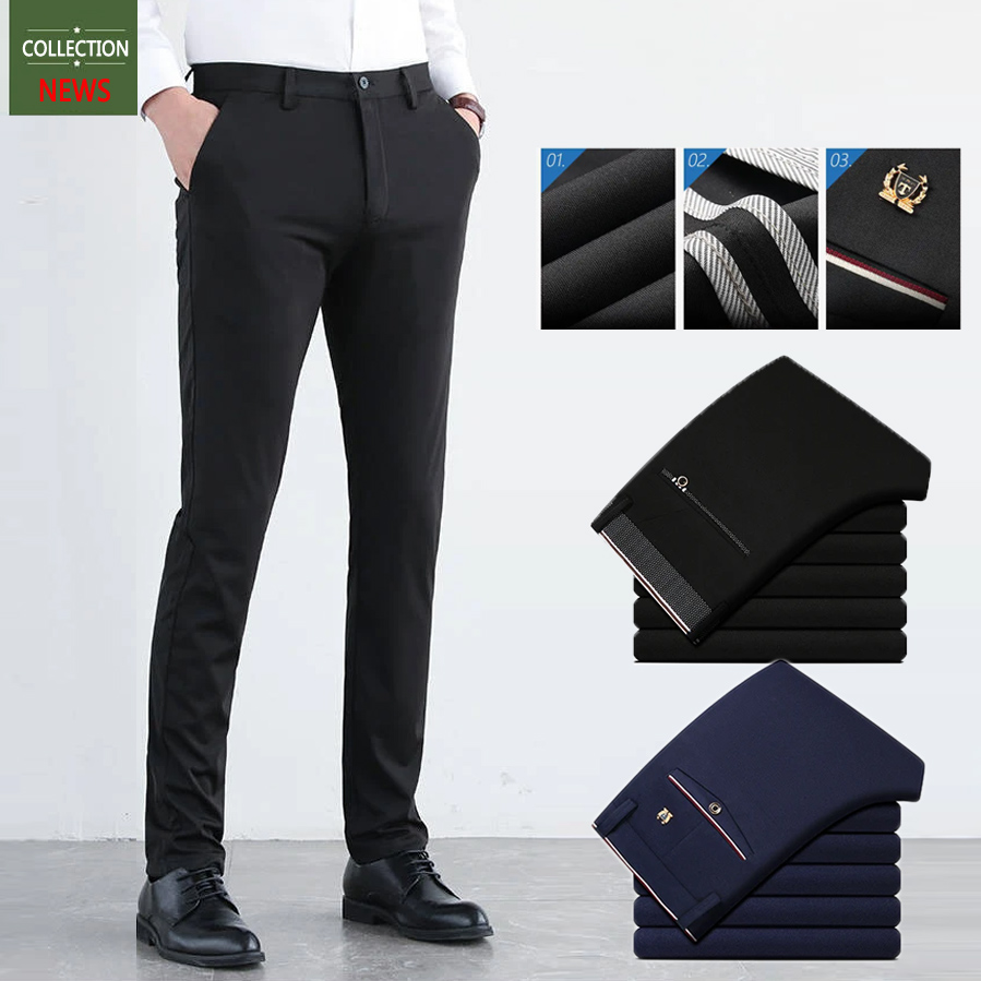 (Size 2840) Men's Formal Pants Office Thin Slim Fit Black Long