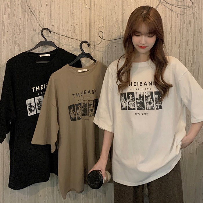 Ready Stock Tik Tok Oversized Cartoon Pattern Short Sleeve T-shirt Women's Clothing Curvy Girls Fashion Korean Style Loose Vintage T-shirts