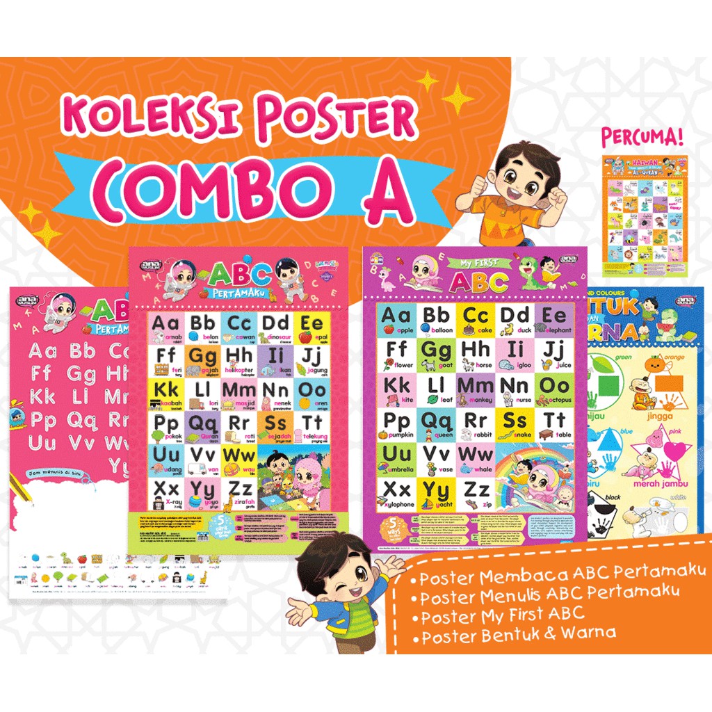 Koleksi Poster Combo A + Percuma Poster  [Alat Bantu Mengajar Sesuai Untuk Kanak-Kanak 3 Tahun +]
