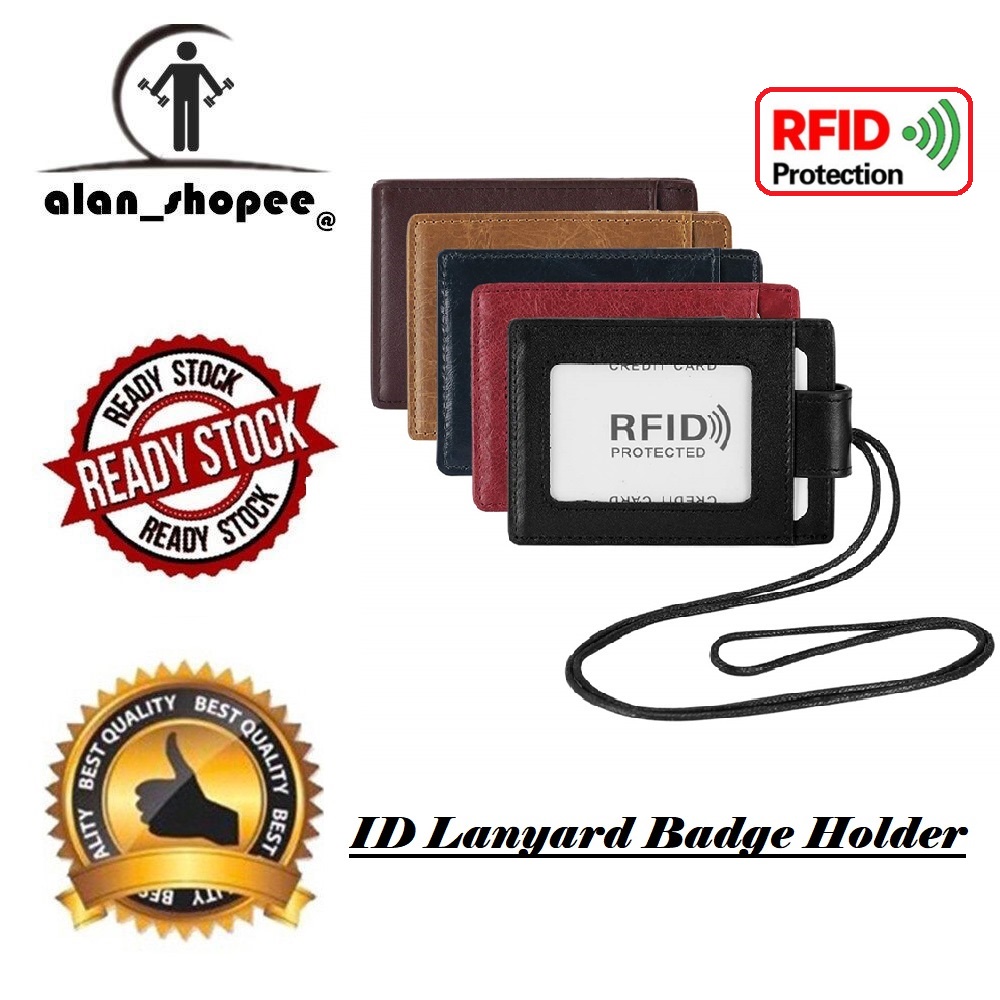 New ID Lanyard Badge Holder RFID Blocking Leather Name Badge Case