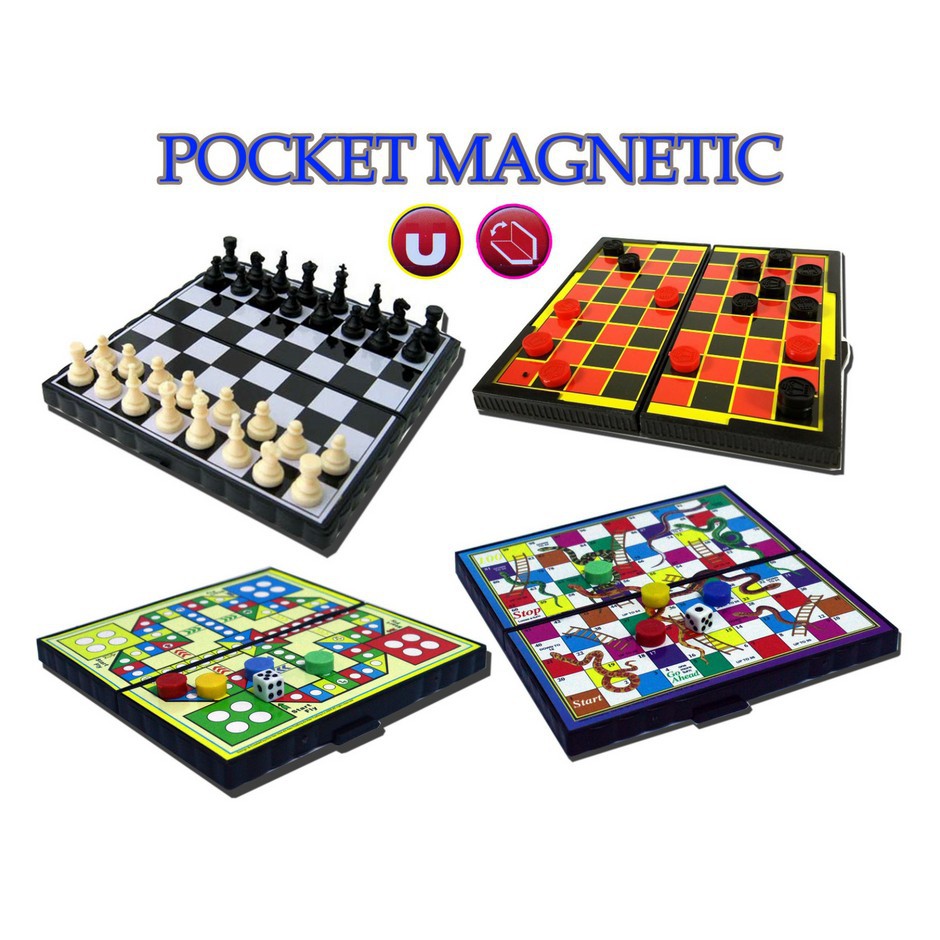 CLASSIC GAME Mini Pocket Magnetic Game Set/Chess/Draughts/Snake/Aeroplane
