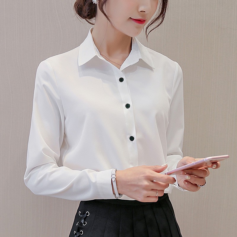 【10 Colors】Korean Long Sleeve White Casual Chiffon Blouse Plus Size Tops Base Fashion Shirt
