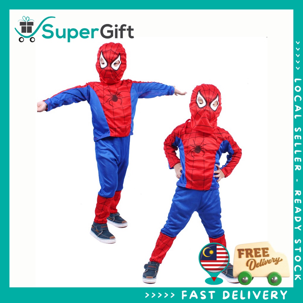 Kids Spiderman Superhero Costume Full Set Baju Seluar + Mask Baju Superhero Kanak-kanak