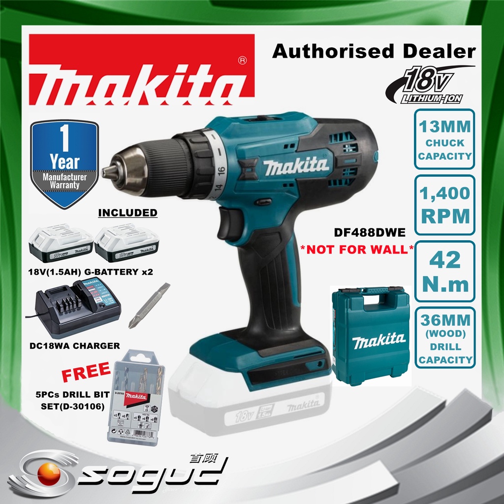 MAKITA DF488DWE 18V G-BATTERY 13MM (1/2") CORDLESS DRIVER DRILL(DF488D ...