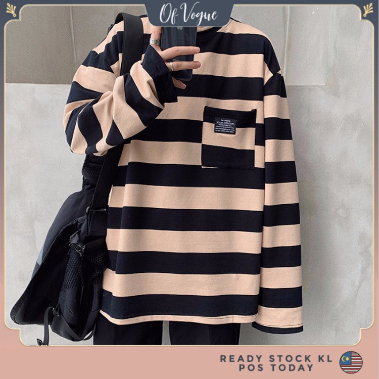 Ready Stock Women's clothes Long sleeved Striped T shirt Korean Fashio Casual Loose Tops Harajuku Personality BF Style