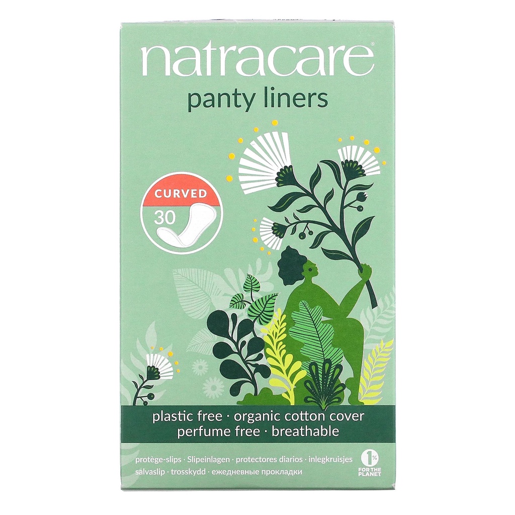 Natracare Panty Liners Organic Cotton Cover Curved 30 Liners – Thin Low Flow Organic Cotton Breathable Comfortable